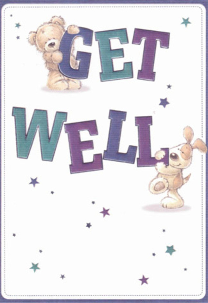 The essence of heartfelt encouragement is captured in this charming get well card, its artwork as welcoming as a walk through the tranquil gardens of Harrow. At the forefront, a joyful teddy bear and a spirited puppy play together, their delightful figures artfully positioned amongst large, confident lettering shaded in purples and sea-green aquas. Scattered around them, a galaxy of iridescent stars floats across a pure background, each one a symbol of hope gently drifting like spring blossoms in the breeze along Kenton Road. The brushwork gives the bear's plush coat and the puppy's velvety ears a palpable softness, evoking the tactile comfort of wrapping one's hands around a warm mug on a brisk morning in Harrow. The bright, buoyant atmosphere-echoing the fresh vitality of locally sourced bouquets-makes the image a perfect pairing for a heartfelt get well wish, whether delivered bedside in North Harrow or hand-delivered to a neighbour recovering on College Road. Each element, from the expressive faces to the lively, uplifting colour scheme, comes together in a radiant celebration of compassion and gentle reassurance, healing with a lightness that only true care can provide.