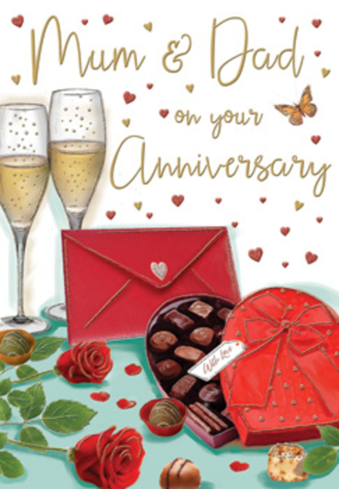 The anniversary card in this image unfolds like a romantic still life set against the backdrop of everyday Harrow life. At its heart, a trio of deep red roses, fully open and luxuriant, rests among glossy, textured green leaves that frame the flowers in a natural, almost bouquet-like arrangement. The painterly strokes suggest the same attention to freshness and detail a local florist would give when preparing an anniversary delivery for a home in West Harrow. In front of the blooms, a heart-shaped box of chocolates sits open, its curved interior lined with bite-sized treats arranged in tidy rows that hint at nutty pralines and velvety caramels. A rich red satin bow wraps around the box, its loops full and generous, and the ribbon's surface catches the light with a subtle sheen, like gift wrapping carefully tied for someone special. To one side, two elegant champagne flutes stand close together, stems perfectly straight, their bowls filled with pale golden champagne. The bubbles shimmer upwards in tiny streams, suggesting the sound of a soft clink and a whispered toast in a quiet living room off Kenton Road. Scattered gold highlights and little crimson hearts float around the central elements, giving the impression that affection and celebration are radiating outwards. In the foreground, a scarlet envelope lies slightly askew, sealed and waiting to be opened, its colour echoing the rich tones of the roses and ribbon. The overall warmth of the lighting, combined with the deep reds and golds, creates a sense of comfort, tradition, and enduring romance-an image that feels perfectly suited to honour years of shared love and family memories in Harrow.