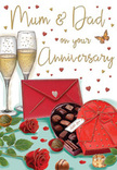 This illustrated anniversary card conjures the feeling of an intimate celebration at home in Harrow, full of warmth and thoughtful detail. Rich, velvety red roses sit prominently at the centre, each petal carefully shaded to look almost touchable, framed by lush green foliage that adds depth and contrast like a finely arranged bouquet ready for delivery nearby on Pinner Road. Just in front, an inviting heart-shaped box of chocolates is shown already open, its lid tipped back to reveal a neat selection of truffles and pralines, each rounded or squared shape placed in a tiny compartment that hints at different flavours waiting to be discovered together. A bold red ribbon circles the box, tied into an elegant bow whose satin loops and trailing ends curve gracefully across the card's surface. Two tall champagne flutes stand beside the chocolates, their clear glass catching the ambient light, filled with a softly glowing golden drink alive with tiny bubbles that suggest a celebratory toast shared in a Harrow dining room after dinner. Around these focal points, small red hearts and touches of gold seem to float across the background, like confetti or affectionate thoughts drifting through the air. Resting nearby is a bright scarlet envelope, sealed with a petite heart motif, hinting at handwritten words of gratitude and love to mark another year of marriage. The warm palette of reds, golds, and subtle shadows brings a sense of comfort and tenderness to the scene, while the careful composition suggests a moment of pause and appreciation for the long, shared journey of Mum & Dad in their Harrow home.